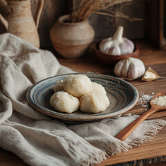 Fototapeta premium Traditional garlic pampushky on ceramic plate with rustic towel