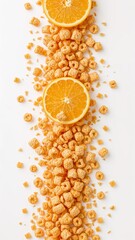 Fototapeta premium The bright tang of orange juice creates a citrusy crunch with fruity cereal on plain white background