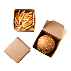 Delectable Duo: Top-Down Presentation of a Burger and Fries: An overhead studio shot of a perfectly composed burger and crispy fries, arranged in elegant take-away containers.