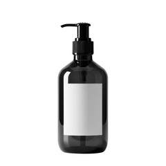 Dark glass pump bottle with blank label for product mockups isolated on transparent background