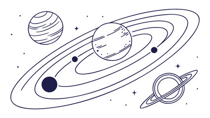Illustration of a solar system with planets, rings, stars, and orbits for educational purposes and design assets