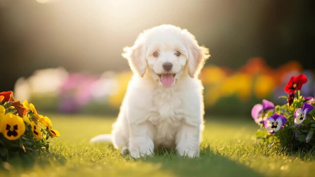 Adorable White Puppy Among Colorful Flowers in Sunlight