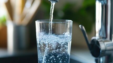 Pure water smoothly pouring into a glass from a silver tap