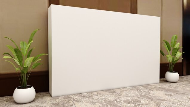 3D exhibition stand. White empty geometric square. White blank promotion. Presentation event room display. Blank wall. Blank mock-up box product isolated. Mockup for press wall, pop up. Template	
