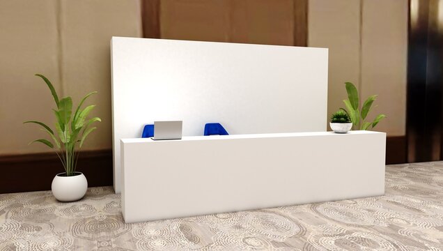 Welcome desk. Info desk, counter, event area, welcome counter mockup, registration stand. Mockup for events, exhibitions and presentations. Reception desk mockup.	
