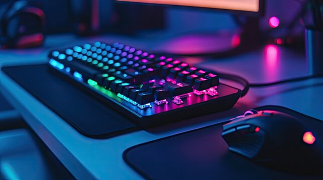RGB gaming keyboard and mouse glowing in the dark, set up on a sleek desk ready for intense gaming action