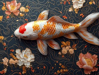 Vibrant koi fish pattern on a dark floral background