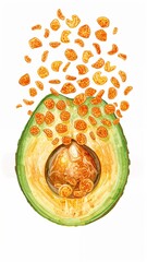 Crunchy cornflakes served over sliced avocado unexpected contrast in watercolor hand drawing illustration