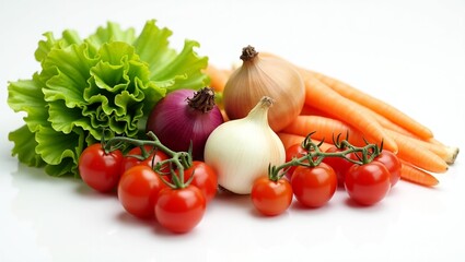 featuring a vibrant arrangement of fresh vegetables on a clean white background. Includes cherry tomatoes, carrots, green lettuce, red onion, white onion, and yellow onion