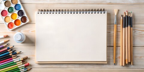 An open blank notebook with art supplies including watercolors, brushes, and pencils