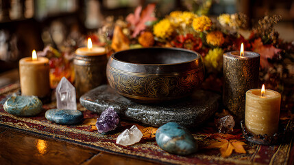 Fototapeta premium Serene Autumn Retreat Singing Bowl Candles Crystals Fall Leaves