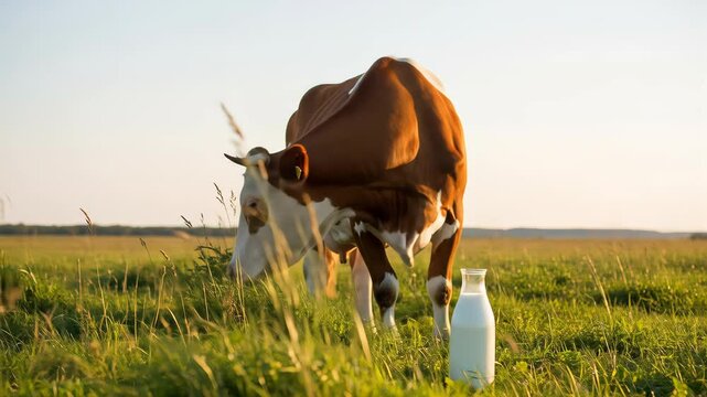Brown and White Cow in a Green Field at Sunset with a Bottle of Milk