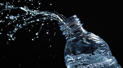 The pure rush of water as a bottle is opened, captured against a spotless black background