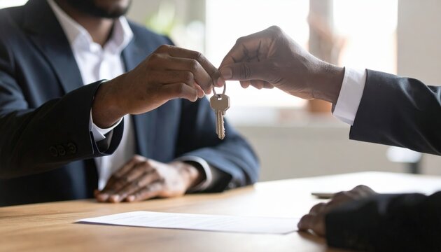 Businesspeople Exchange House Keys In Office
