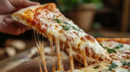 The texture of a pizza slice held up by a hand, emphasizing its melty cheese and toppings