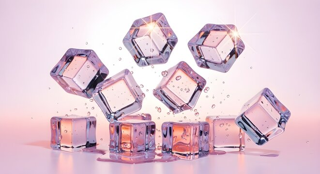 Scattered ice cubes on pink background - Powered by Adobe
