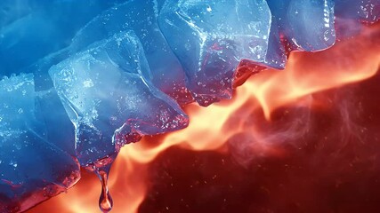 Ice cubes melting on one side while flames create a contrasting heat effect in a dynamic scene - Powered by Adobe