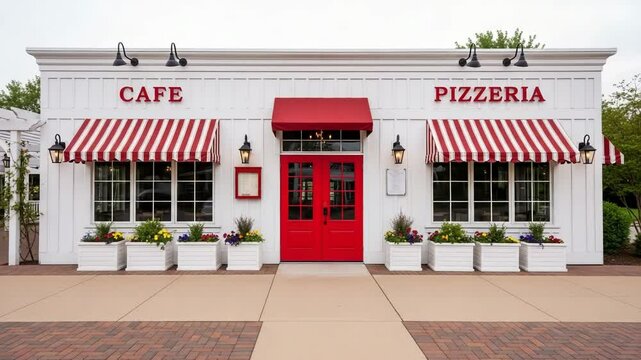 A charming cafe and pizzeria with red and white striped awnings invites customers to enjoy a meal in a welcoming atmosphere