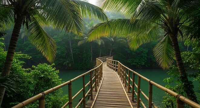 Wooden bamboo bridge curves over lush green river surrounded by tropical palm trees pathway walkway - Powered by Adobe