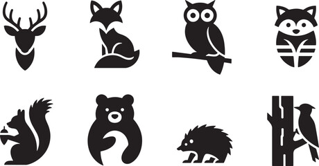 Naklejka premium Diverse Forest Animal Silhouettes: Fox, Owl, Bear, and Hedgehog, Representing Woodland Wildlife and Nature.