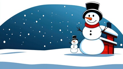Two Snowmen in Snowy Night Landscape