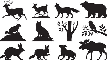 Charming Collection of Forest Animal Silhouettes: Fox, Owl, Rabbit, Lamb, and a Tree, Ideal for Nature and Woodland Themes.
