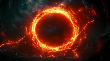 Fototapeta premium A red neon illuminated circle on dark background