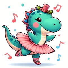 Cute Dinosaur dancing ballet cartoon vector icon illustration