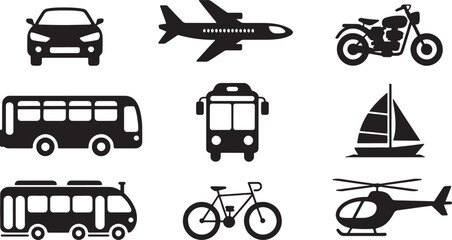  Essential Transportation Icons: Airplane, Bus, and Bicycle, Representing Travel, Commute, and Mobility.