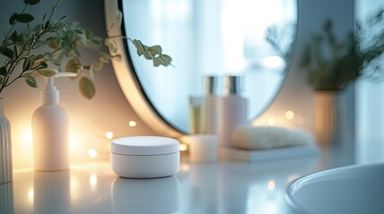 White contact lens case placed on a bathroom counter with a mirror and soft lighting in the background