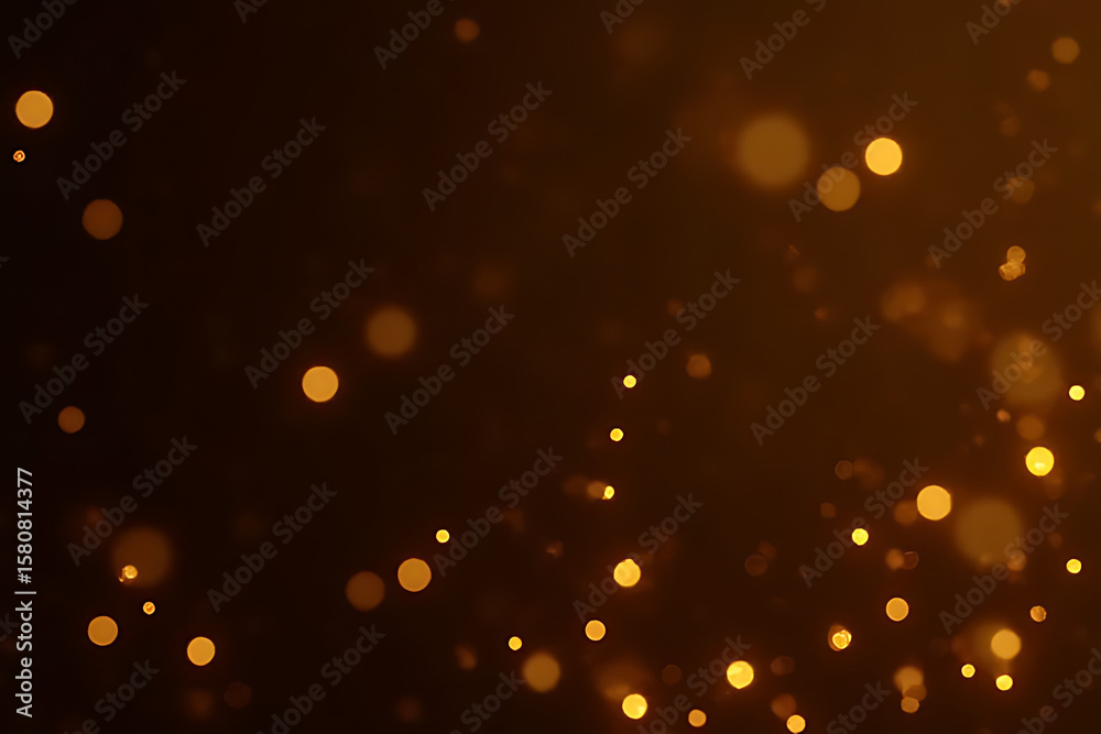 Poster abstract background with golden bokeh lights floating against a dark brown gradient with blurred cir