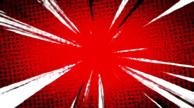 Seamlessly looping red manga style background with animated radial action speed lines and halftone dots