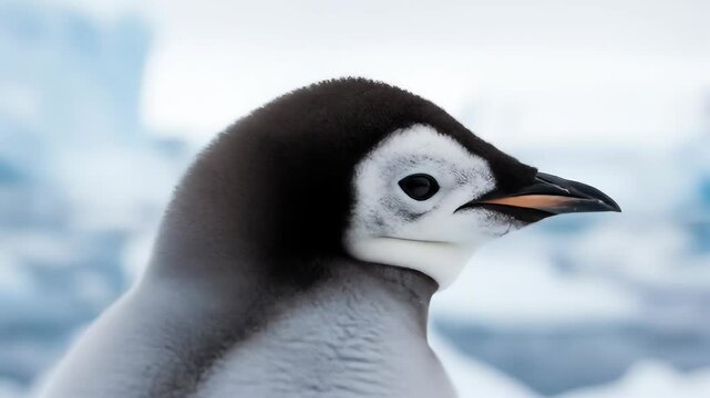 Close Up of a Grey and Black Baby Penguin on Snow near Icebergs