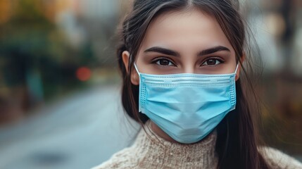 Young woman wearing a blue hygienic mask, standing outdoors with a serious expression, promoting health awareness