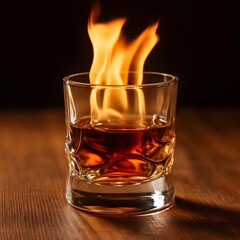 Fiery Cocktail Drink in Glass with Flames Whiskey Bar Dark Background