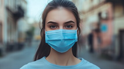 Young woman wearing a blue hygienic mask, standing outdoors with a serious expression, promoting health awareness