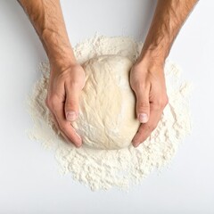 Top view of hands shaping raw bread dough surrounded by flour on a clean white background, ideal for baking and cooking themes.