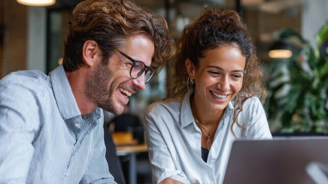 Two professional colleagues smiling and talking during business meeting at workplace, working together using laptop to collaborate on AI project in office atmosphere

29.