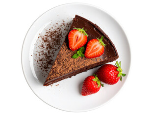  Top View of Chocolate Cake Slice with Strawberries on White Ceramic Plate, Isolated PNG”