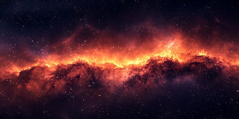 Naklejka premium Stunning Cosmic Landscape with Fiery Nebula and Starry Background