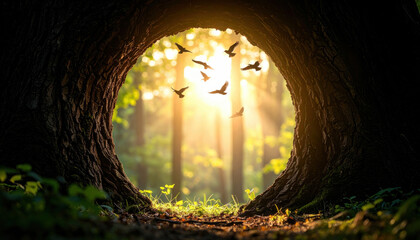 Silhouetted birds soar through a glowing forest as viewed from inside a circular tree opening, bathed in golden morning light.