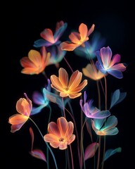 Fototapeta premium Colorful translucent flowers glowing against a dark background create a magical display of light and color