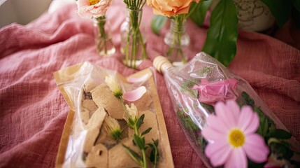 Pink fabric, floral arrangement, dried flowers, packaging, home studio