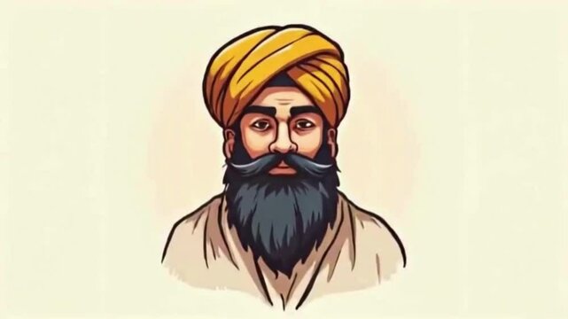 Illustrative portrayal exhibits the revered Guru Nanak, embodying Sikhism's spiritual essence with turban and beard, ideal for cultural and educational endeavors, promoting understanding and heritage.