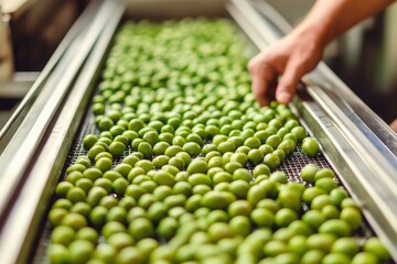 Worker hand sorting fresh green olives on a conveyor belt in a food processing factory