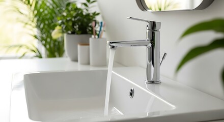 A modern chrome faucet with running water in a clean sink