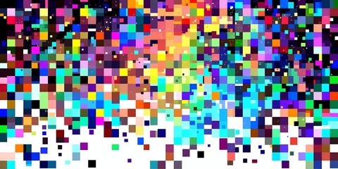 Scattered colorful squares on a black and white gradient background creating a pixelated effect