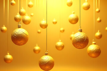 Golden Christmas Ornaments Hanging Against a Yellow Background Festive Holiday Decoration with Textured Spheres