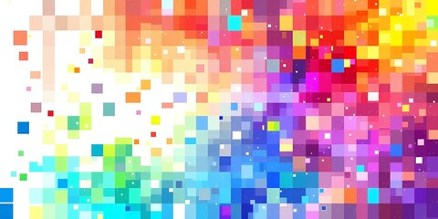 Abstract background featuring a colorful mosaic of squares and scattered white dots