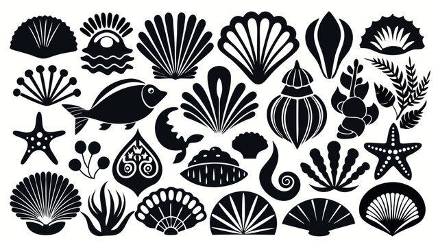 Set of sea shells silhouette icons for ocean and marine life themes. Collection of various seashell shapes in simple black silhouettes